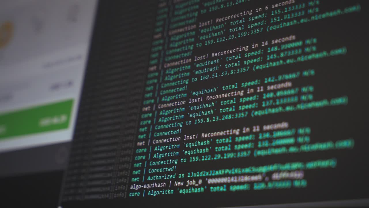 Screen with crypto code. Program code for mining cryptocurrency, mining work. Screen with software developer code. Crypto-currency
