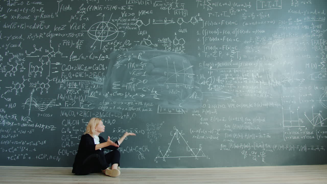 Woman Stressed by Math Formulas on a Chalkboard