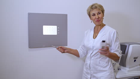 eye exam in medical office. female doctor pointing at eye chart