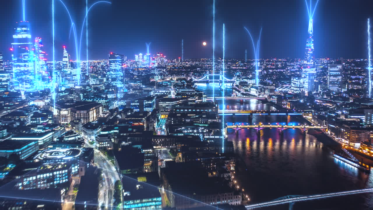 Communication Technology Network rays on Hyper lapse city background - 3d animation