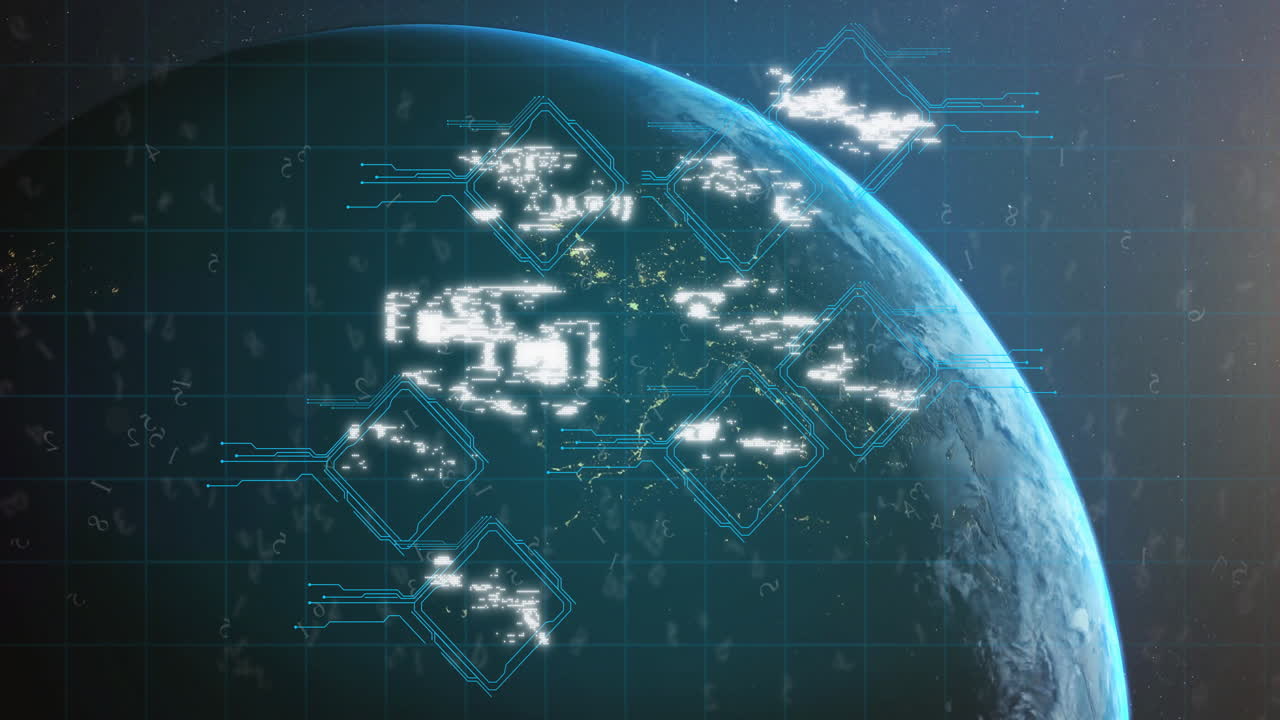 Digital security icons and data processing animation over Earth from space