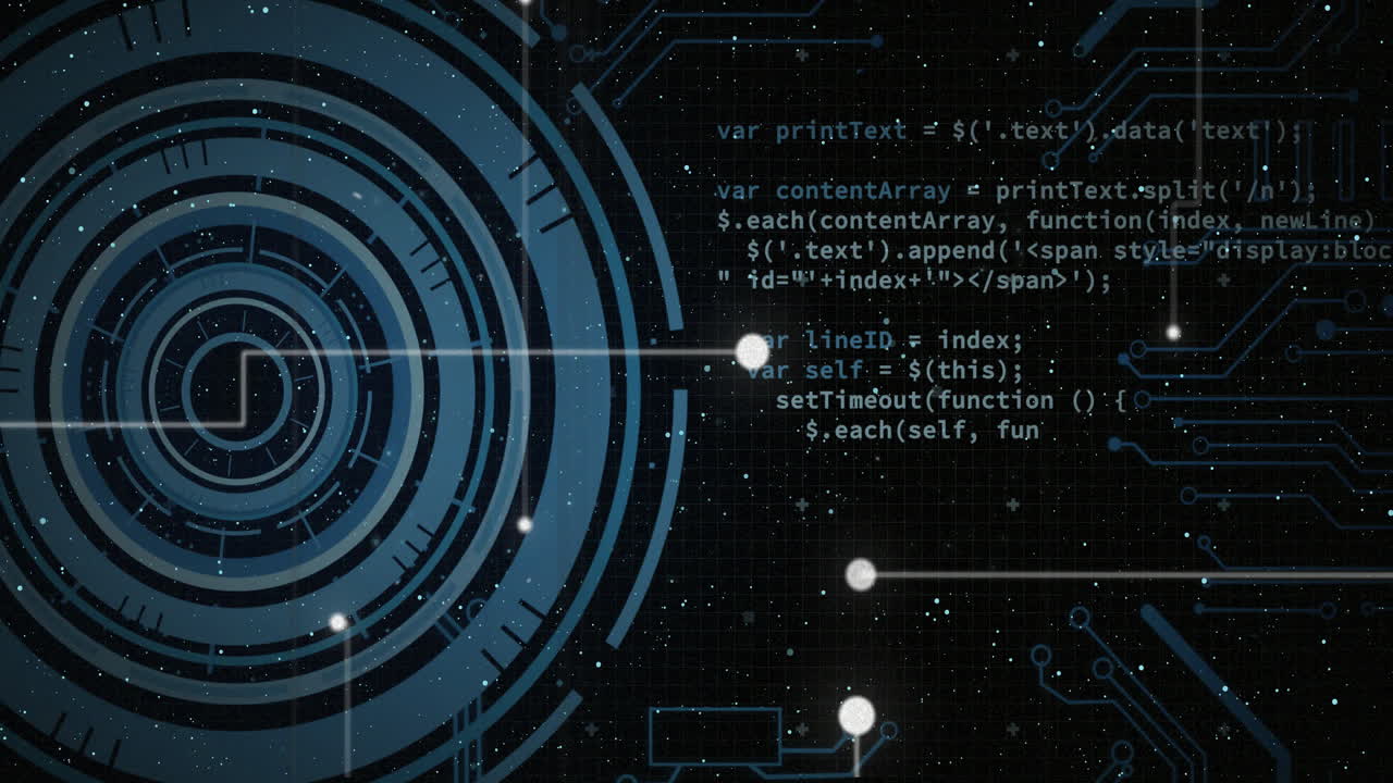 Animating programming code and digital circuits over futuristic blue circular interface