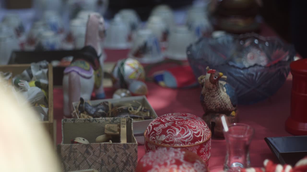 Painted Ceramic And Handmade Wooden Tableware Are Popular Items On Flea Market In Kyoto, Japan- Close Up Shot
