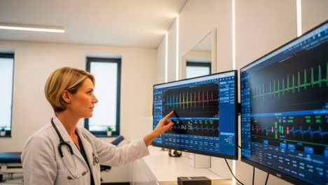 medical professional analyzing patient data on advanced monitors in a modern healthcare setting, focusing on vital signs and health metrics for accurate diagnosis and treatment