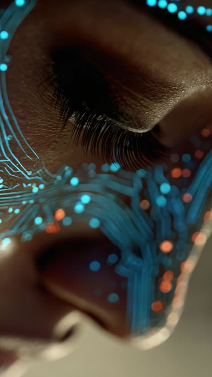 Un incontro ravvicinato con circuiti futuristici: esplorare l'integrazione artistica di tecnologia ed espressione umana attraverso intricati modelli su un volto