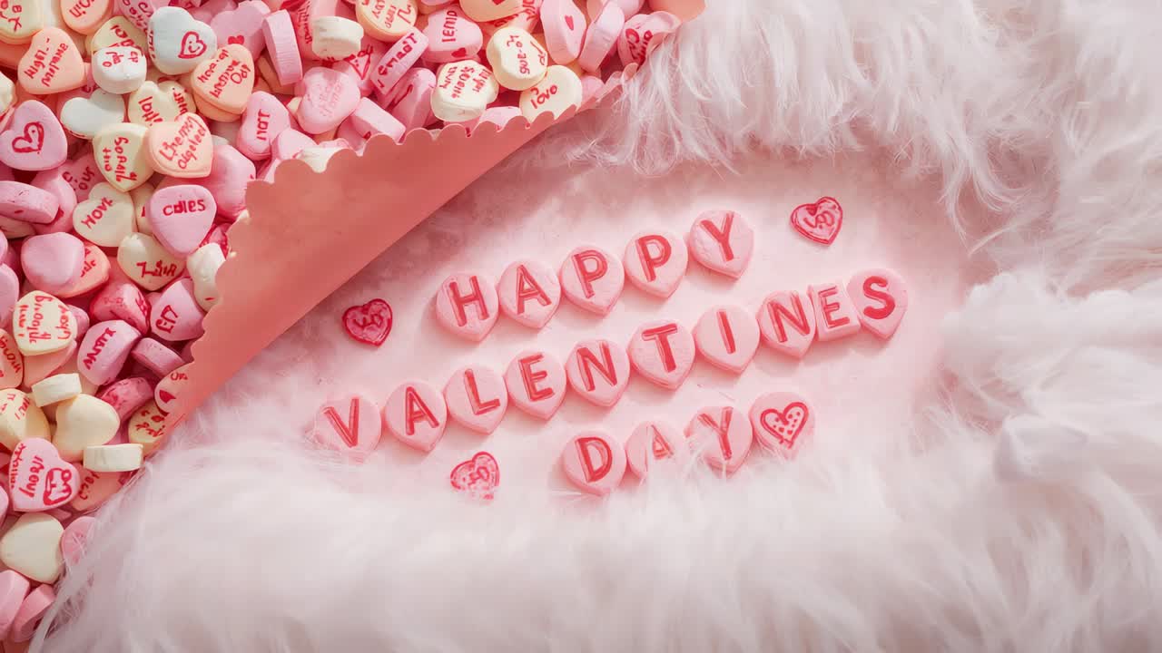 Stringere la camera mostrando il messaggio, caramelle rosa a forma di lettera che si depositano su una pelliccia morbida mentre un cono versa cuori