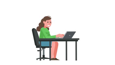 el personaje de la niña de dibujos animados trabaja desde un portátil en el lugar de trabajo de animación de bucle aislada con luma matte