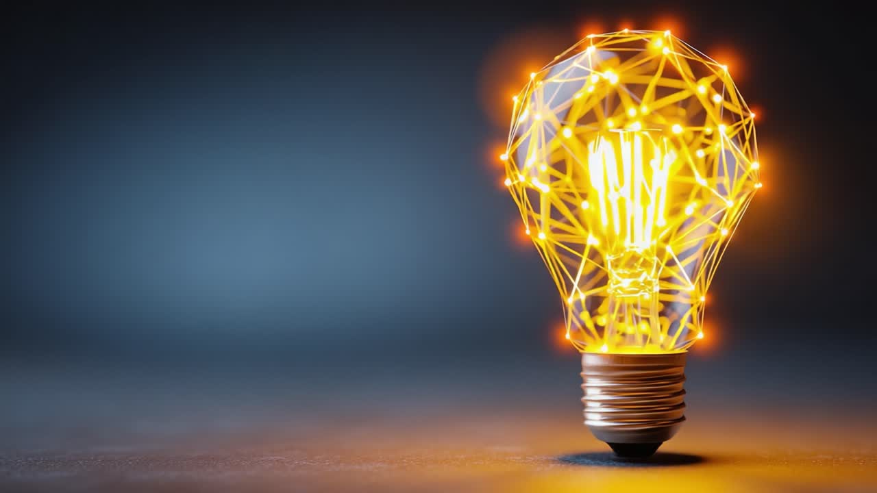 Design innovativo di lampadina che mostra una struttura moderna e geometrica con filamenti illuminati, a rappresentare innovazione e creatività nella tecnologia dell'illuminazione.