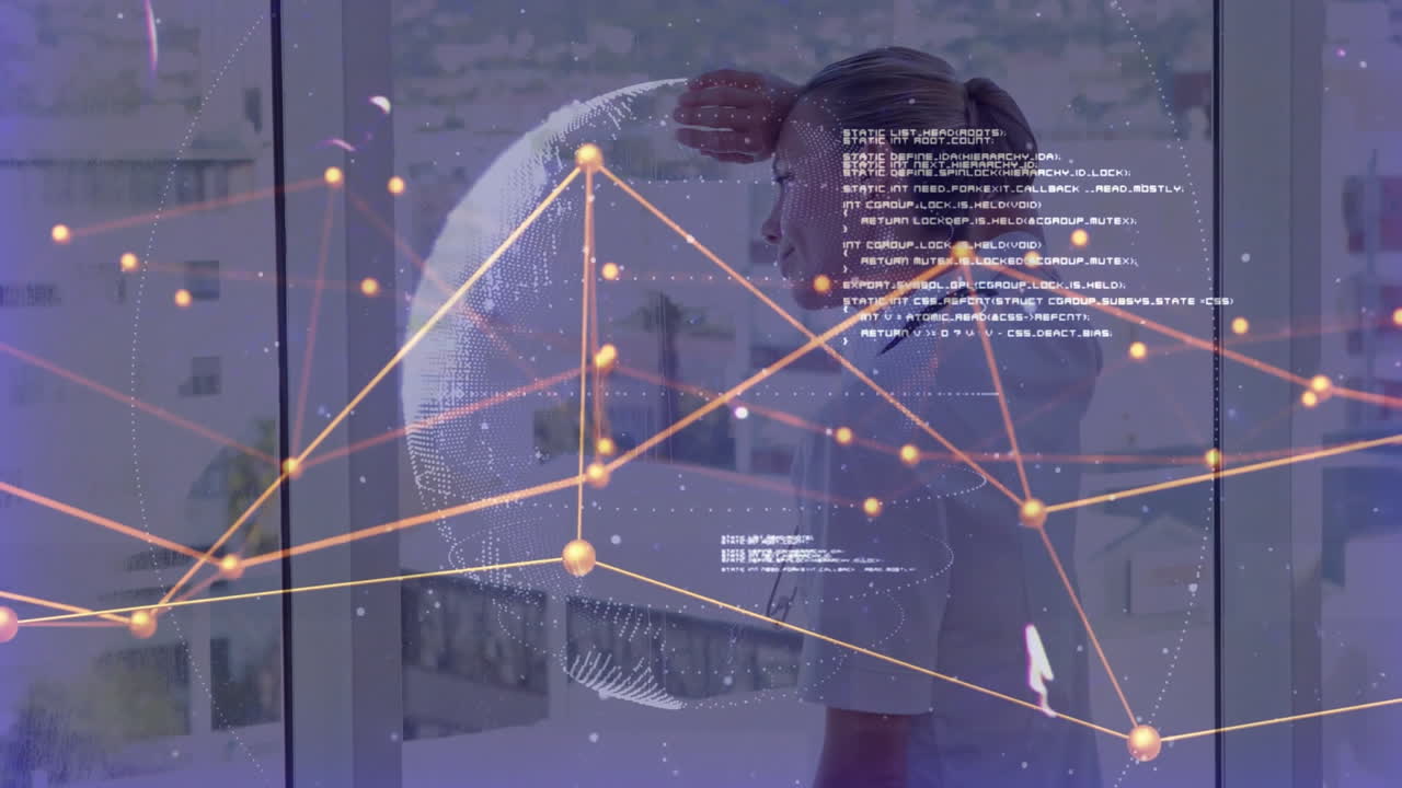 Businesswoman raising hand to forehead at office window, showing technology data network hologram