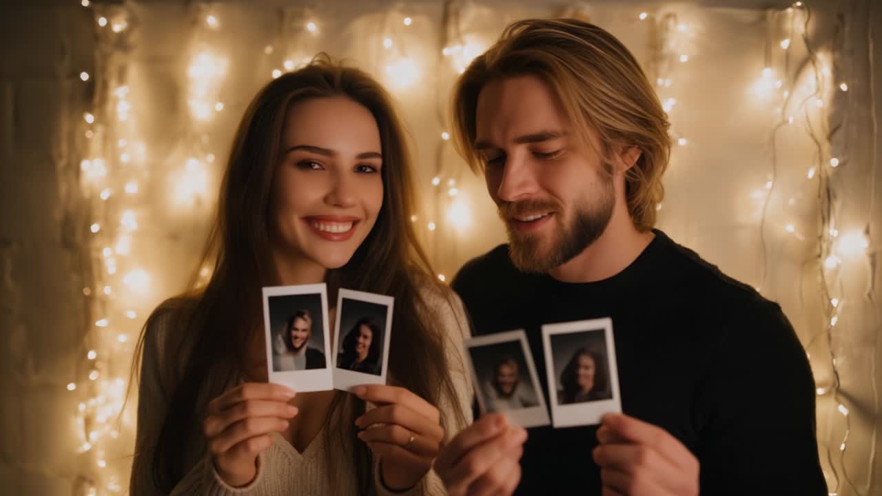 Intimate Moments Between a Couple Showcased in Captured Photographs with Warm Twinkling Lights in the Background, Highlighting Their Joy and Connection in a Cozy Setting