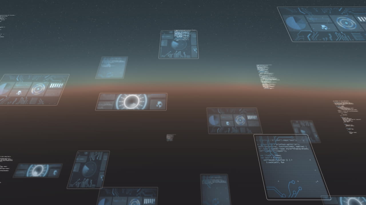 анимация обработки данных и сканирование областей на экранах над градиентным фоном