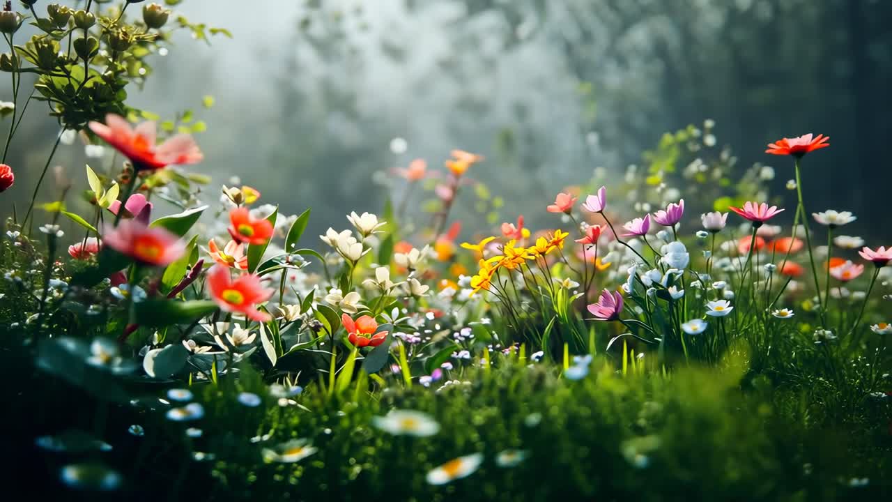 A serene, close-up video of a vibrant flower meadow, captured from a low angle, showcasing colorful