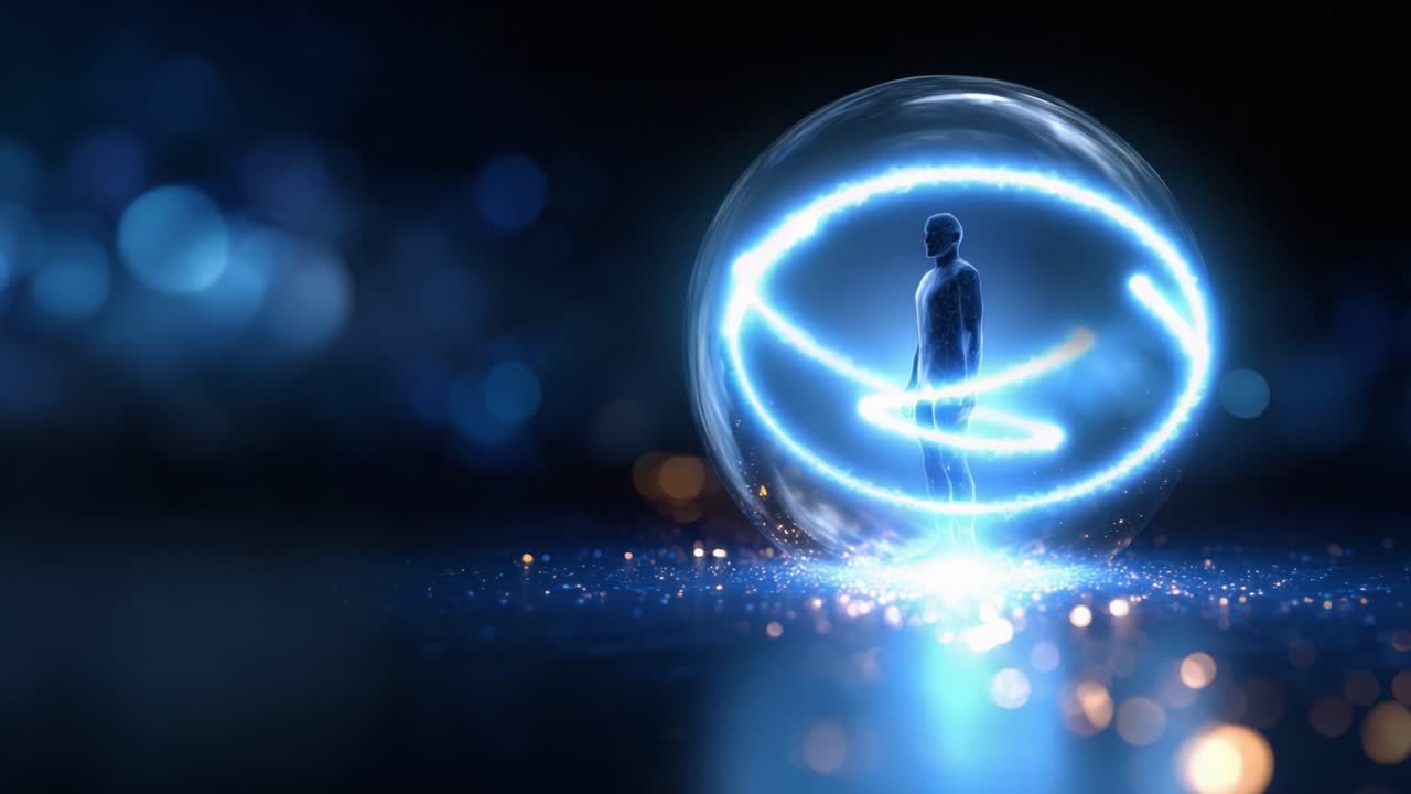 A figure stands inside a glowing sphere, representing themes of isolation, technology, and transformation amidst a backdrop of shimmering lights and cosmic elements