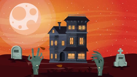 happy halloween animated scene with haunted house and cemetery at night