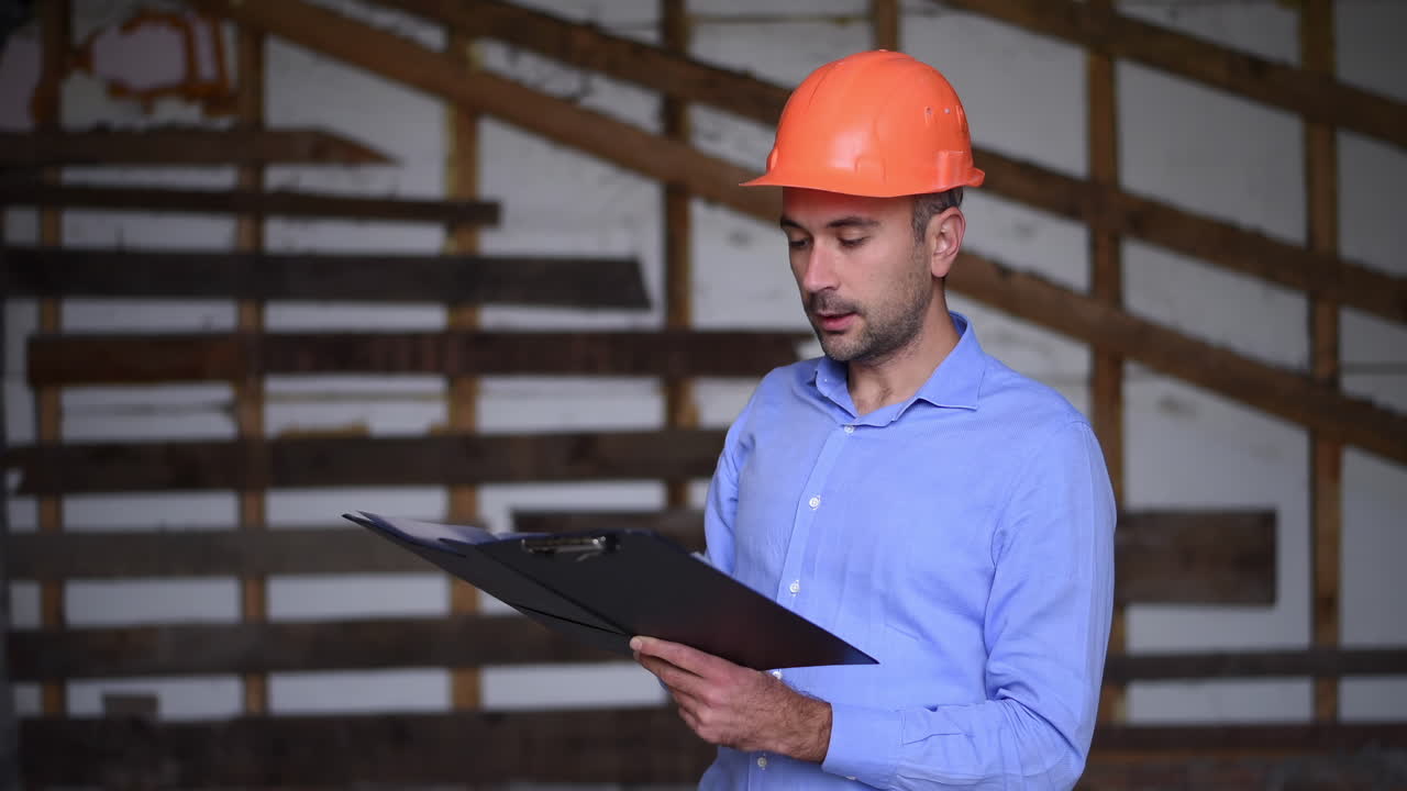 A site manager wearing an orange safety helmet reviewing documents on a construction site