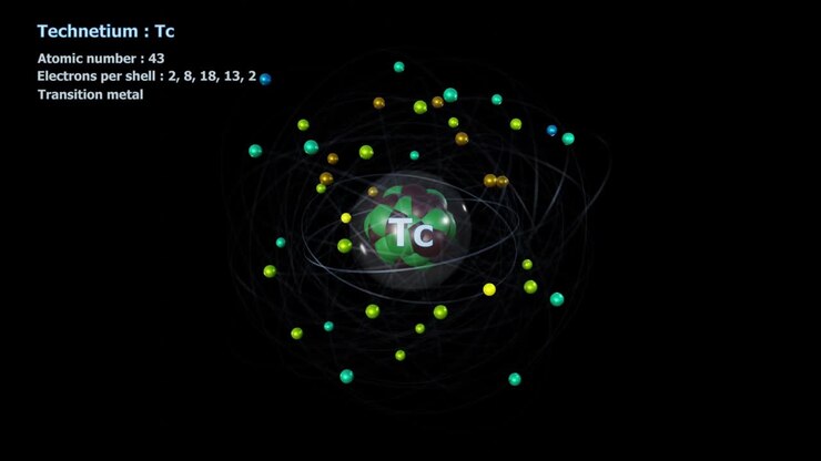 Atom of Technetium with 43 Electrons in infinite orbital rotation on black