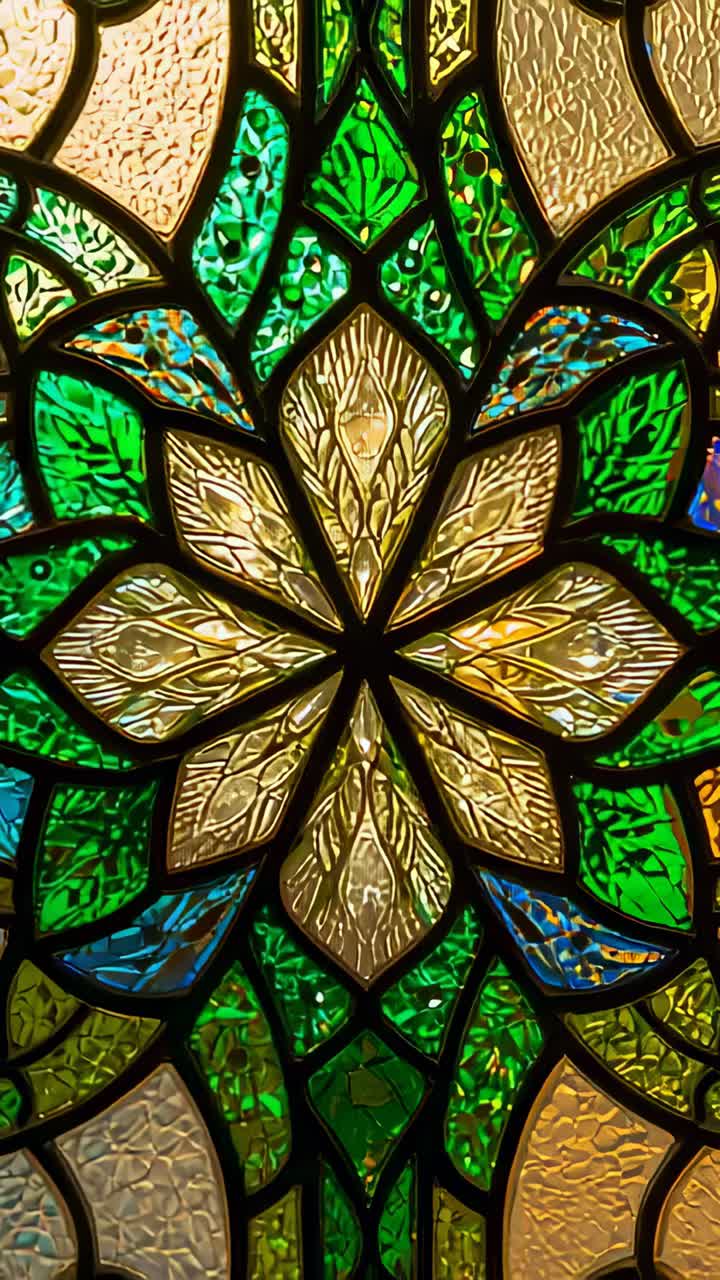 Vertical video: Operator pushing camera in church toward stained glass, revealing lead came detail