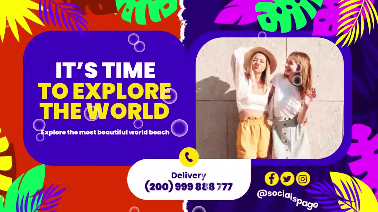 Vibrant Animated Travel Promotion with Tropical Theme and People