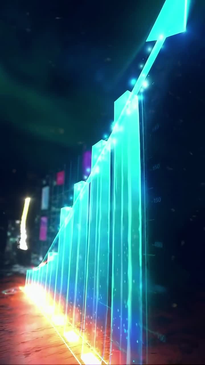 Video dinamico ripreso dal basso di un grafico a barre 3D luminoso con freccia verso l'alto, stile futuristico