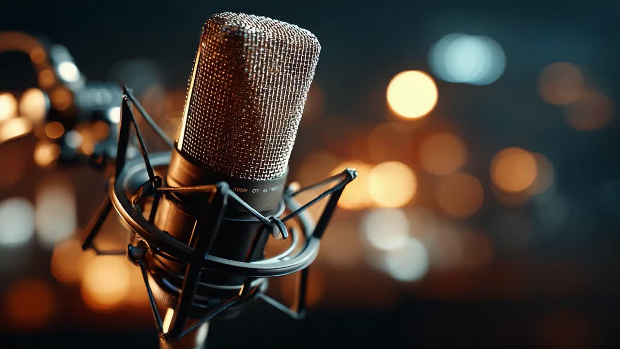 Close-up of a Vintage Microphone Capturing the Essence of Audio Recording with Stunning Bokeh Background Lighting that Enhances the Ambiance of Sound Production