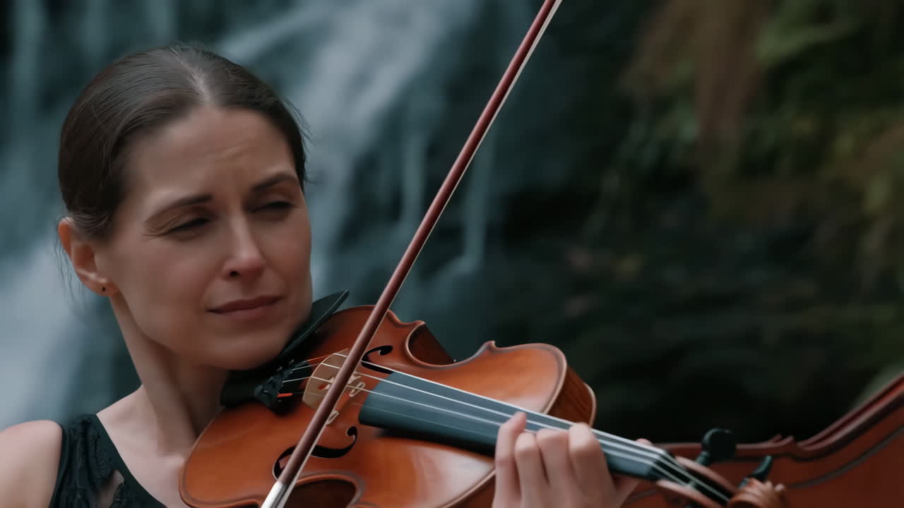 A woman playing the violin in front of a waterfall