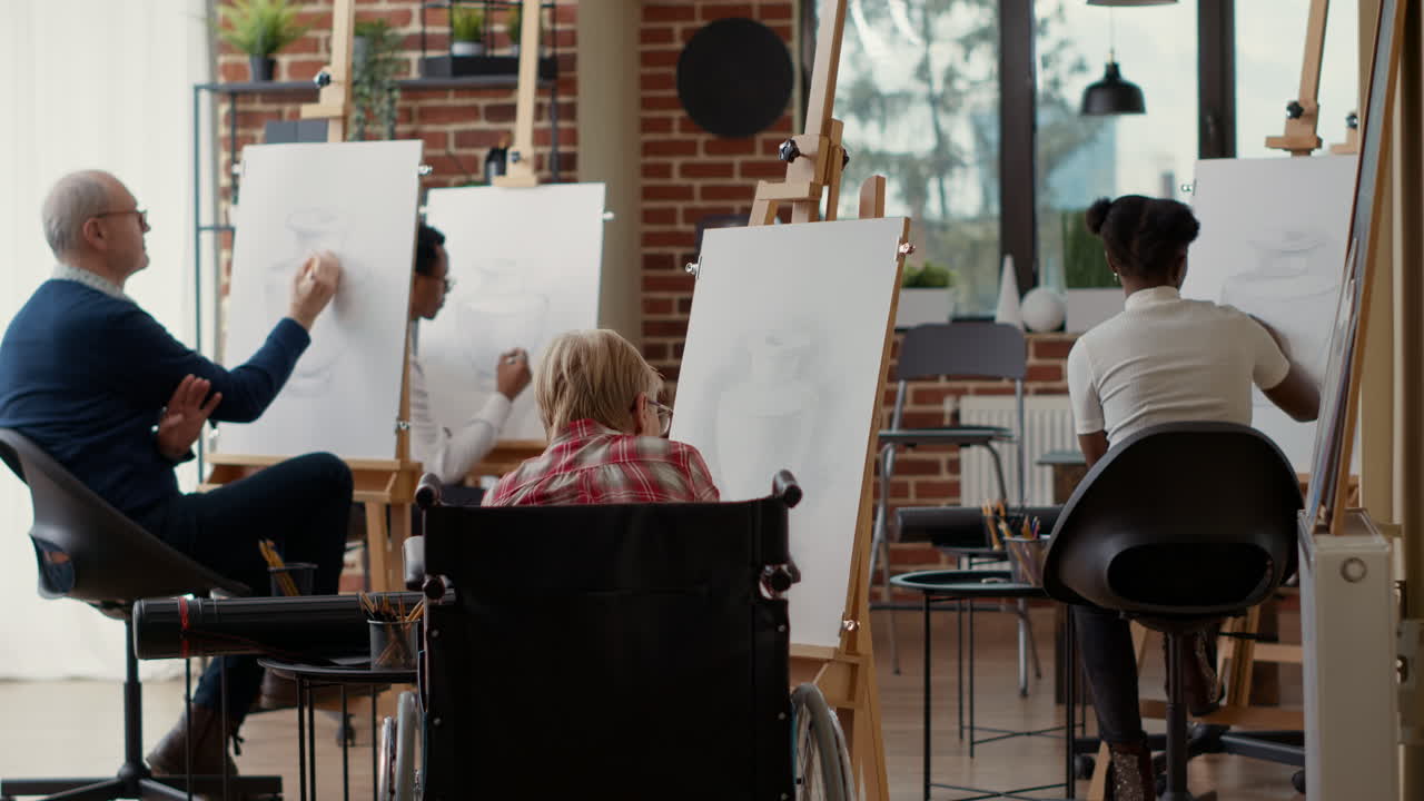Old woman with disability using pencil to draw vase artwork