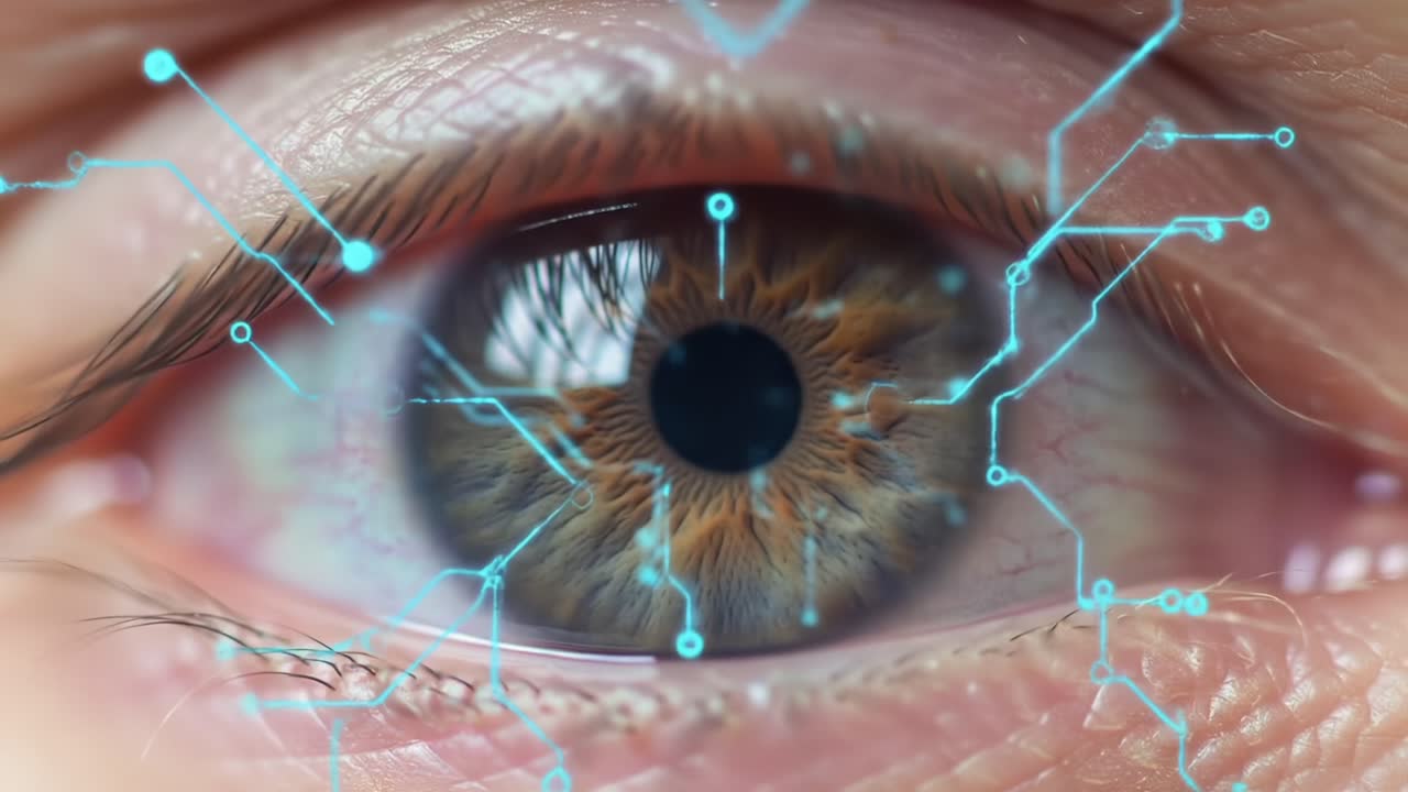 An Insightful Journey Through Technology and Vision: A Close-Up of an Eye Enhanced with Digital Connections and Futuristic Elements