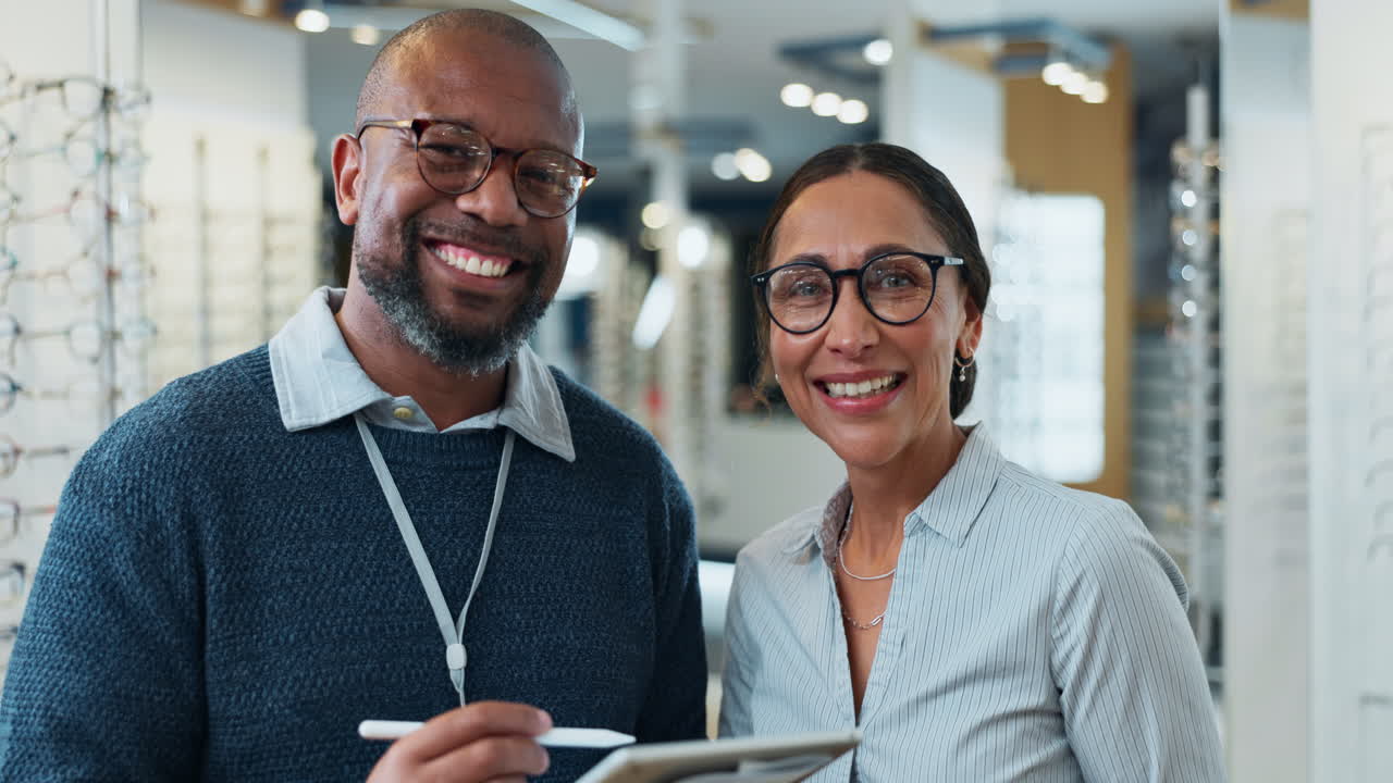 Optometrist and customer smiling at the camera in an optical shop