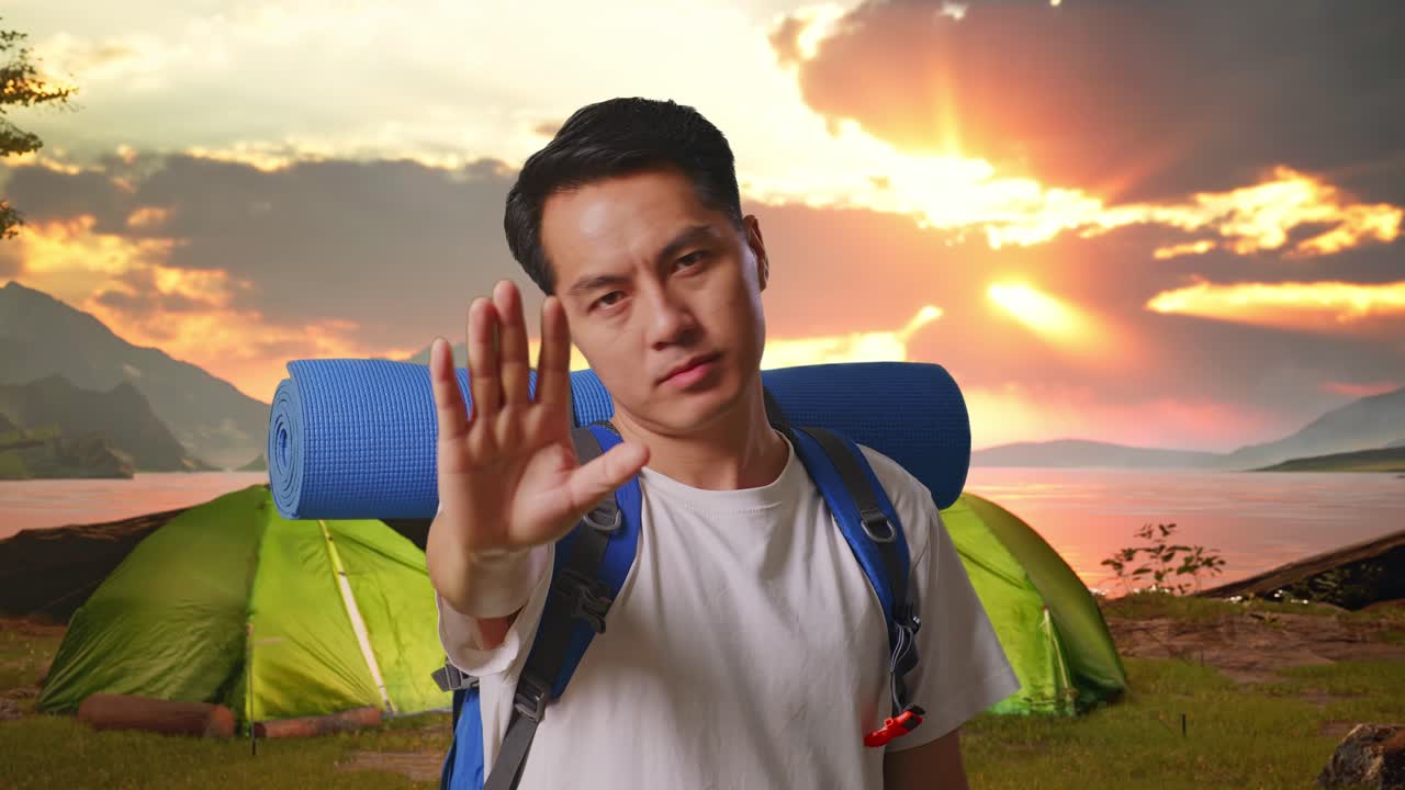 Man refusing camping trip at sunset