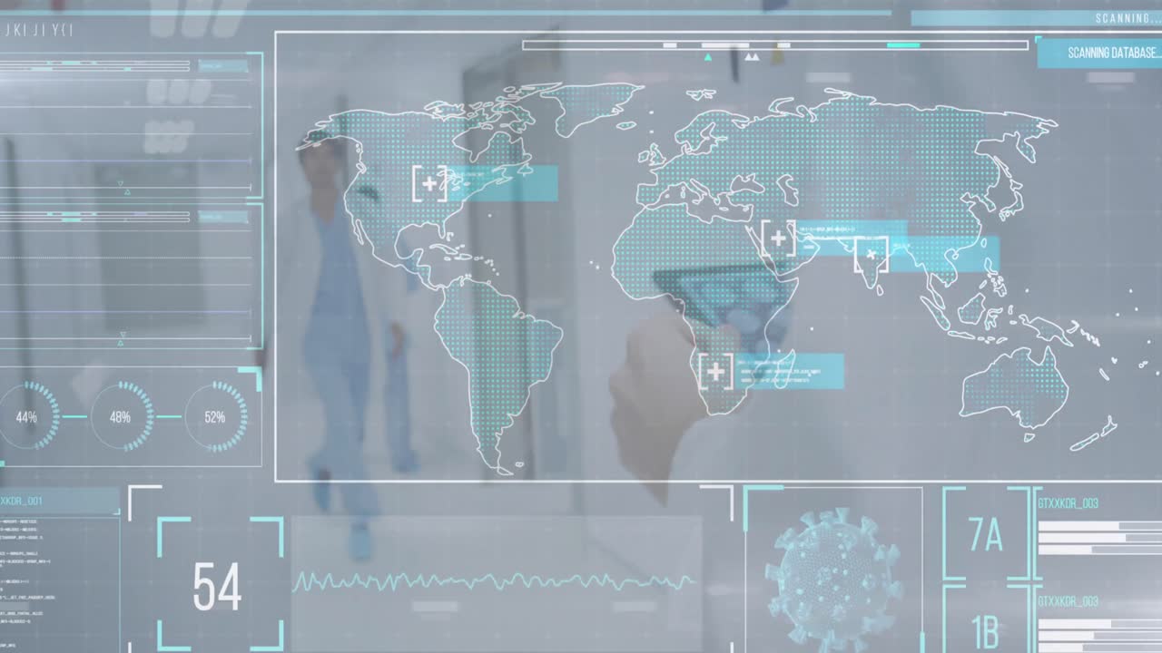 디지털 태블릿을 사용하는 남성 의사에 대한 의료 데이터 처리와 디지털 인터페이스