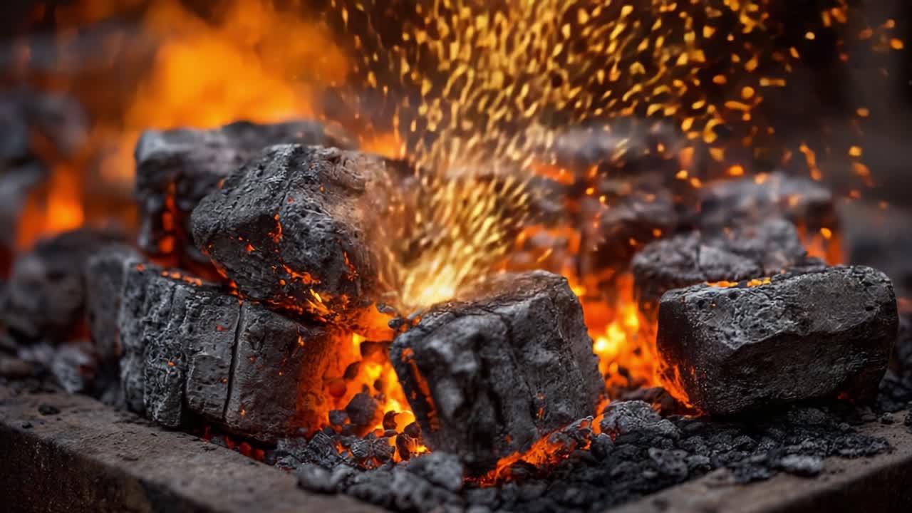 Primo piano intenso di bricchetti di carbone ardenti con scintille erompenti, che cattura l'essenza del calore e del fuoco in una drammatica esibizione di braci e cenere.