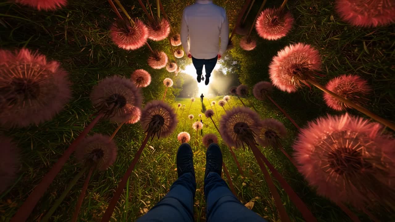 A Surreal Perspective on Nature: A Journey Through Vibrant Pink Dandelions Leading to a Glowing Figure in a Mystical Landscape