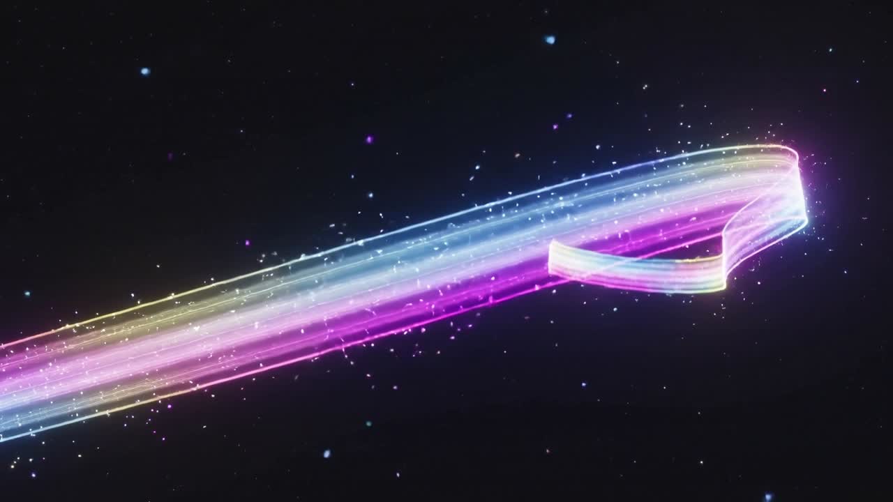 Von links kommend, leuchtendes mehrfarbiges Band, das sich über den Sternenhimmel wölbt und Funken zur Betonung wirft.