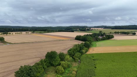 aerial establishing shot of american farmsteads with green cultivated farm fields at sunny and cloudy day in usa. rolling green hills in distance. wide shot. panorama. summer season in pennsylvania