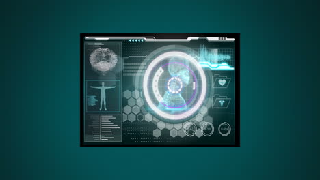 animación de escaneos y procesamiento de datos médicos en pantallas digitales