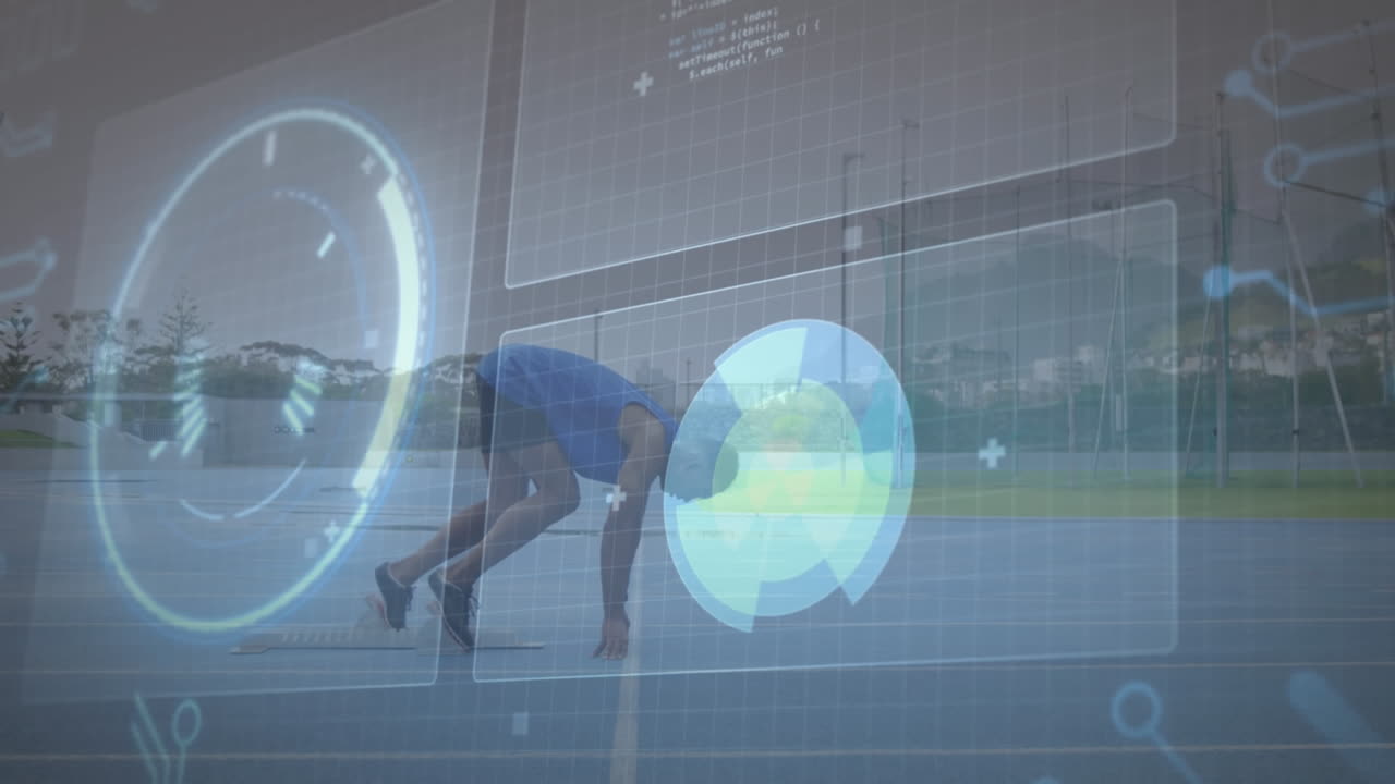 animación del procesamiento de datos sobre el corredor masculino biracial.