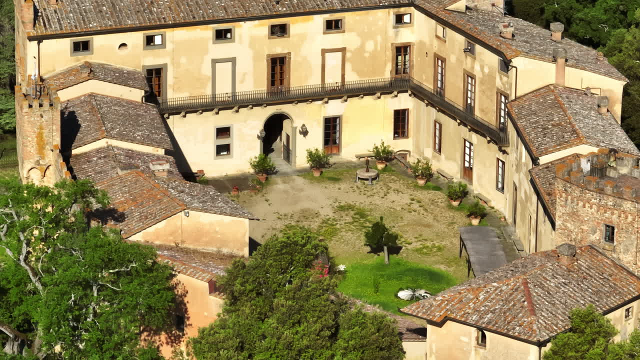 Aerial view around the patio of the Santa Maria Novella castle, in Tuscany, Italy
