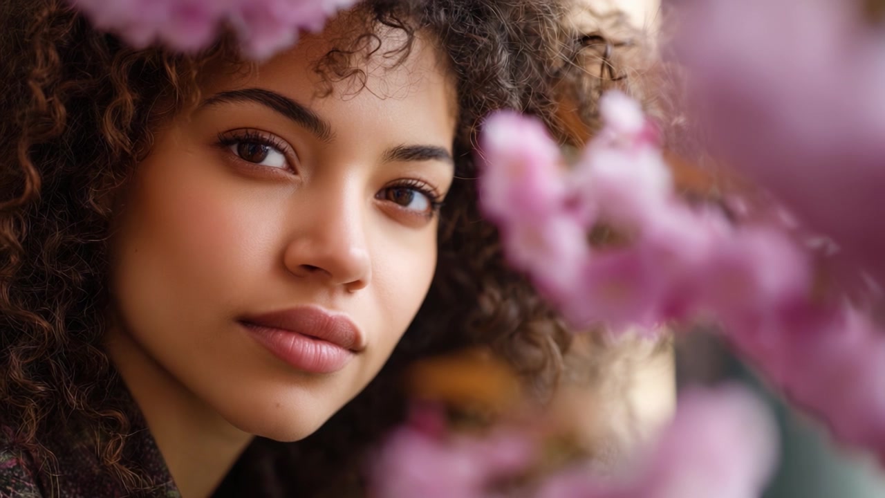 Un primo piano di una giovane donna con capelli ricci circondata da fiori rosa, che cattura momenti di serenità e bellezza naturale tra sfondi floreali.