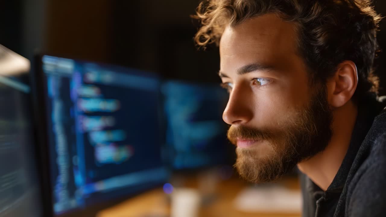 Focused Programmer Analyzing Code on Multiple Screens in a Dimly Lit Environment, Displaying Concentration and Engagement in Software Development