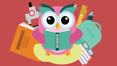 Animation-of-digital-owl-holding-book-and-school-items-icons-on-red-background