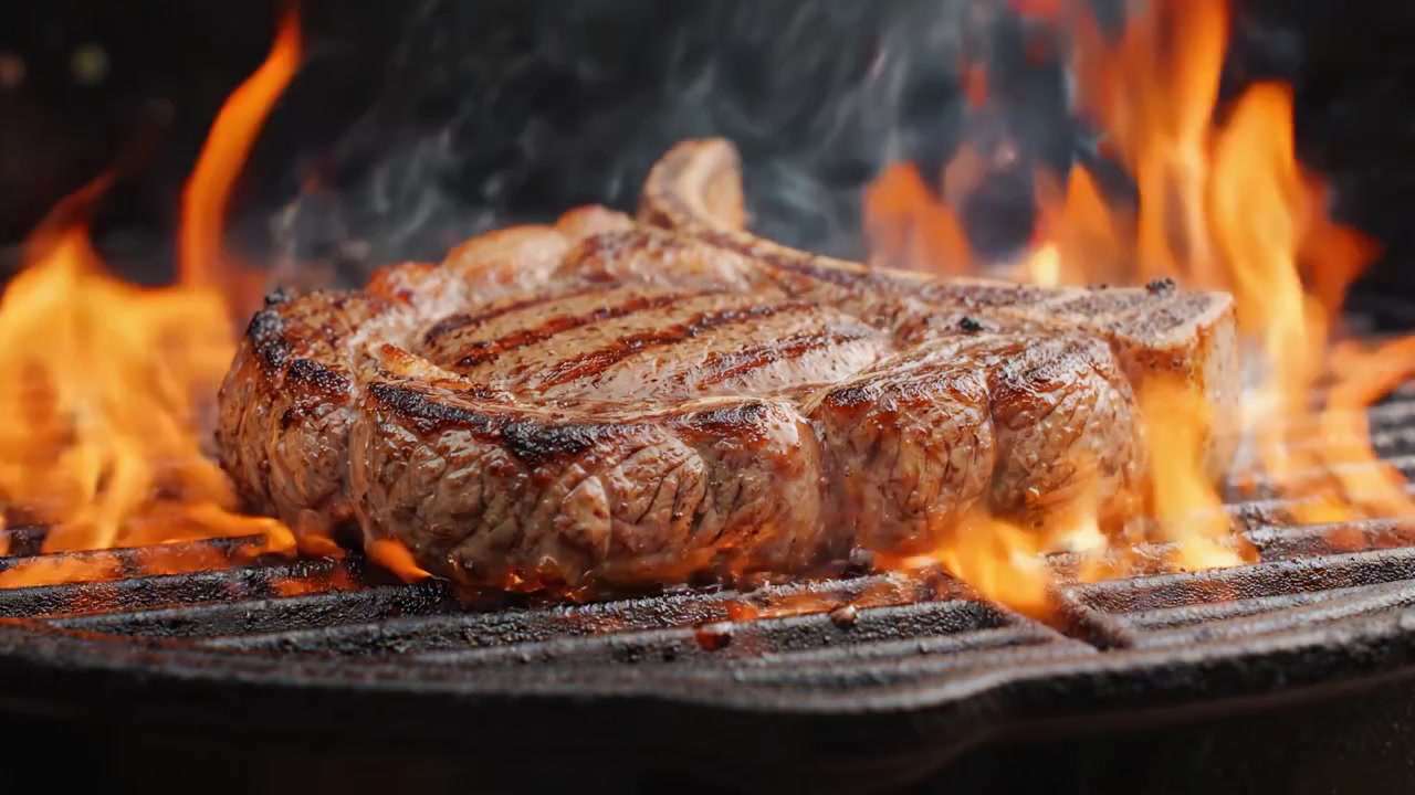 Juicy Grilled Steak Captured in Two Frames: The Art of Cooking with Flames and Smoke for a Perfect Barbecue Experience