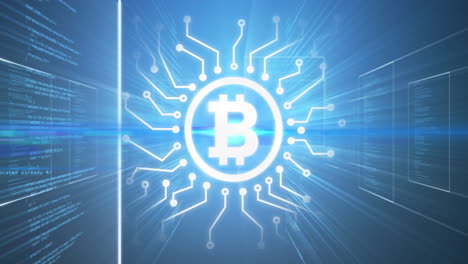 bitcoin symbol over data processing on blue background.