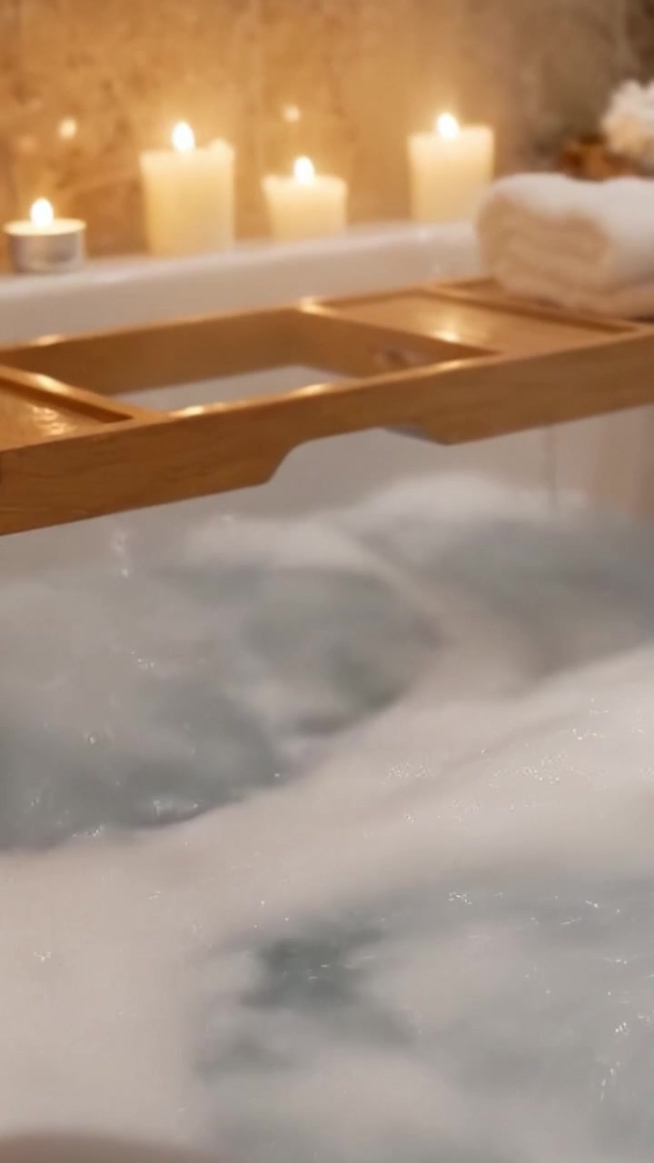 Indulge in Relaxation: A Serene Bathtub Scene with Bubbling Foam, Soft Towels, and Gentle Candlelight for the Ultimate Spa Experience.