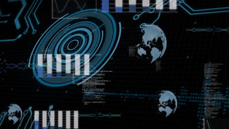 animación de procesamiento de datos con gráficos de barras y mapas globales en interfaz digital