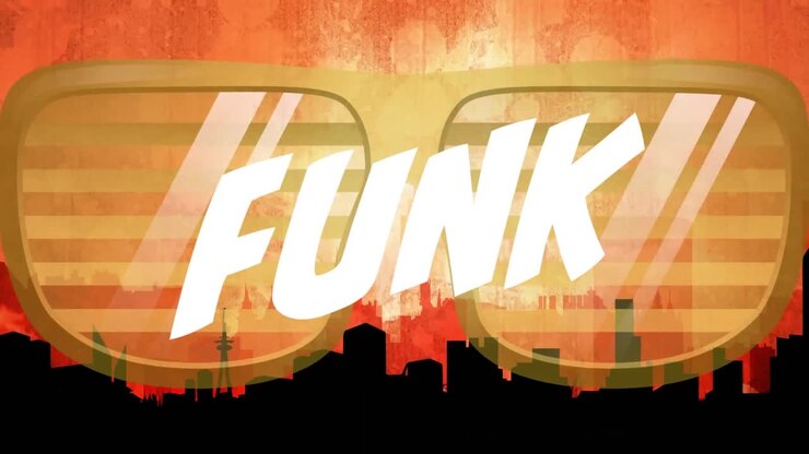 Animation of funk text over glasses and cityscape