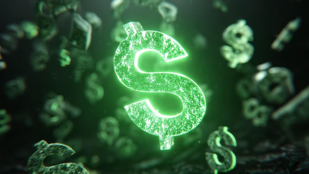 Símbolos de dólar verdes dinâmicos flutuando no espaço 3D, representando riqueza e transações financeiras contra um fundo escuro com efeitos cintilantes.