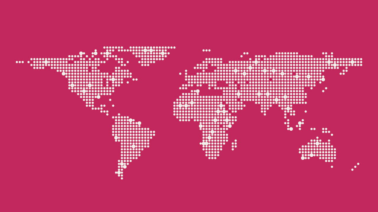 mapa del mundo con fondo rosa cubierto de pequeños puntos blancos que simbolizan la distribución de la población global