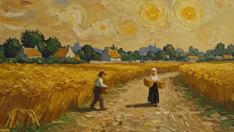 capturing the harmony of rural life: two figures collecting harvest in a golden wheat field under a vibrant sky filled with swirling clouds and sunlight