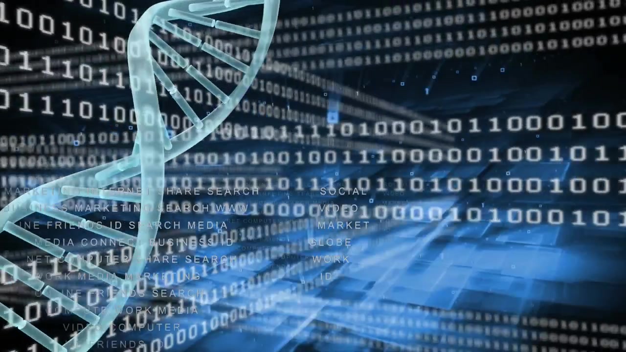 Digital DNA Helix Rotating Over Binary Code Background
