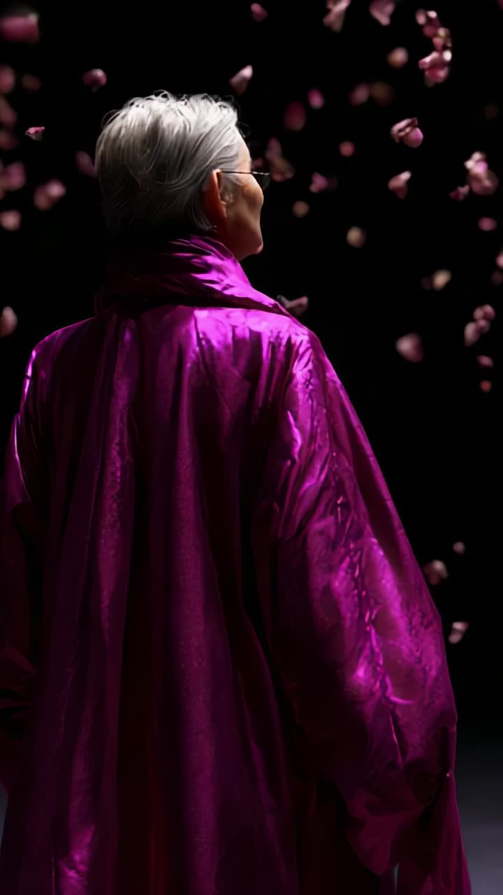 Uma figura serena envolta em um manto rosa vibrante está elegantemente em meio a uma suave chuva de pétalas de rosas, personificando elegância e tranquilidade em um momento cativante.